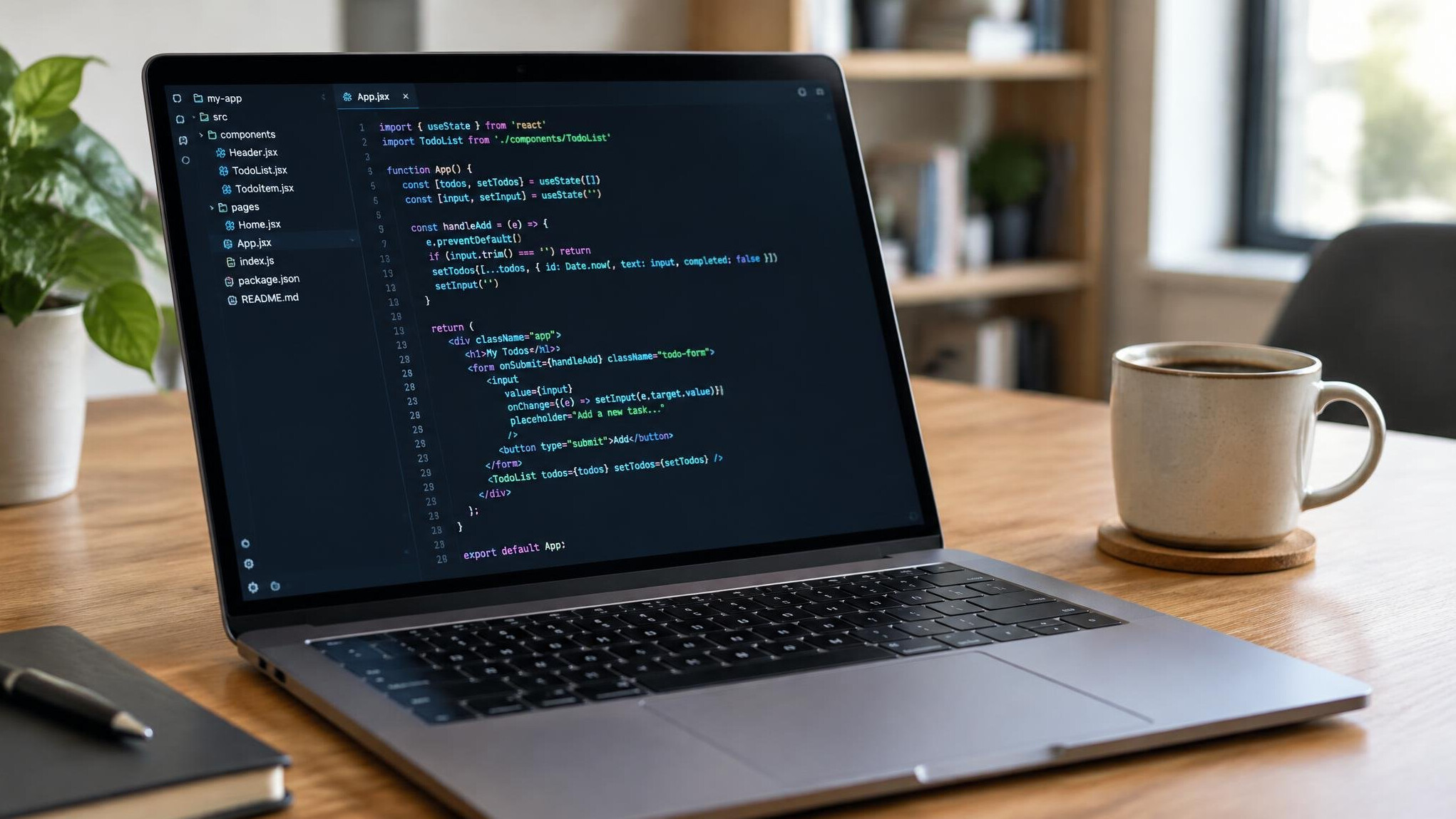 Laptop with programming code on screen on a wooden desk