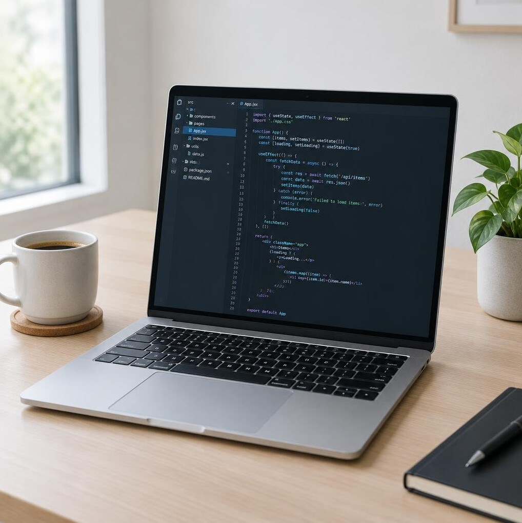 Laptop with code and a coffee cup on a desk